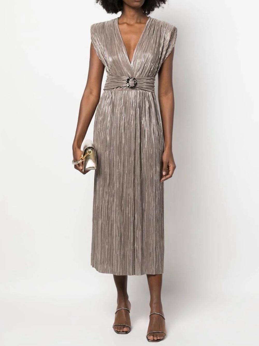 Sabina Musayev Metallic Taupe Pleated V-Neck Midi Dress with Embellished Buckle
